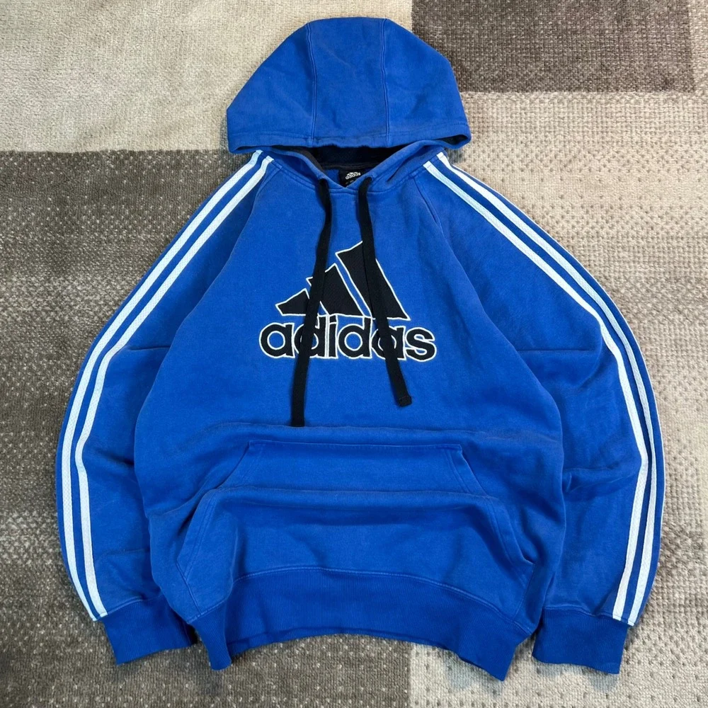 Adidas Mens Blue 3-Stripe Pullover Hoodie Sweatshirt‎ Small Embroidered Logo